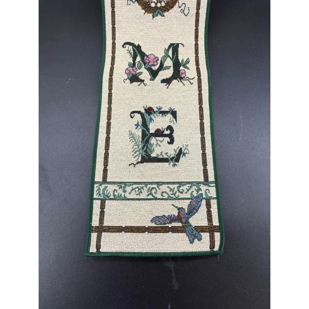 Vintage Woven Tapestry Welcome Wall Hanging Floral Hummingbird Vertical Scroll